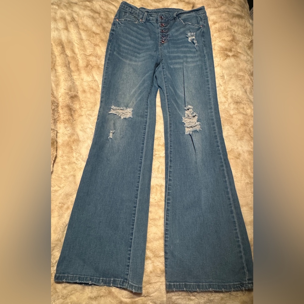 SHEIN Light Blue Distressed Flare Jeans